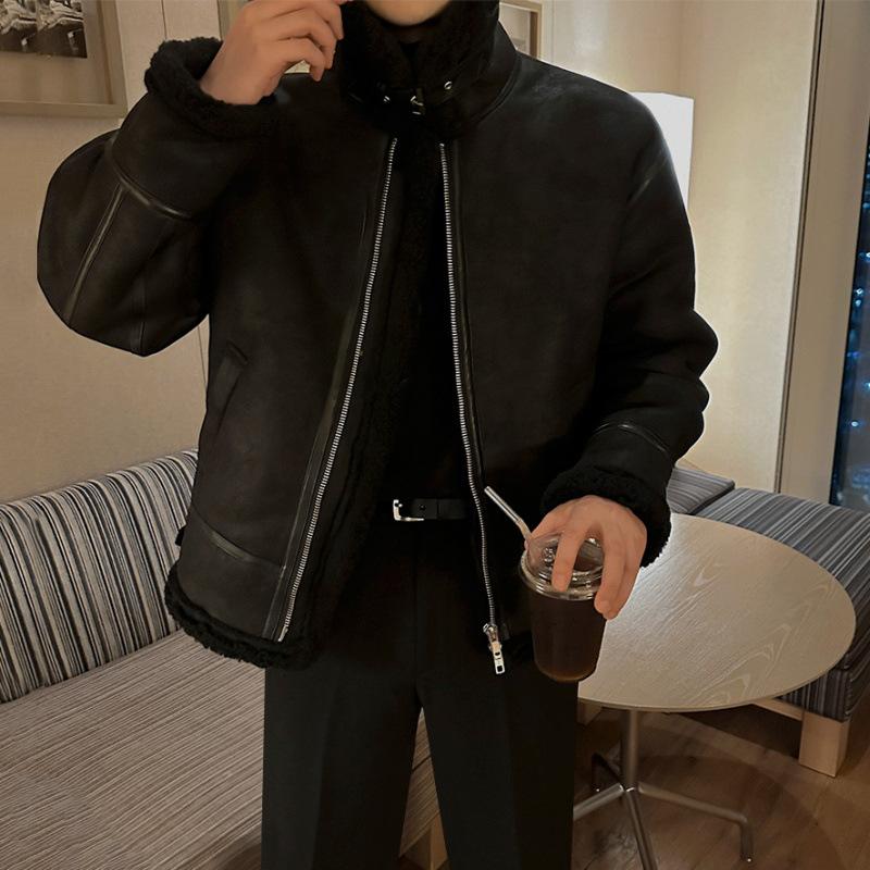 Куртка из овечьей шерсти, мужская зимняя, с утолщенным мехом, все в одном, теплое хлопковое пальто, корейский стиль, модное хлопковое пальто с воротником-стойкой 2XL чёрный