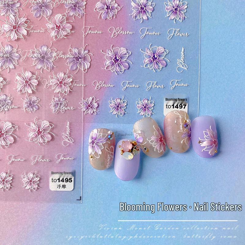 Tomoni 3D Embossed Spring/Summer Nail Stickers: Tulip, Cut-Out Daisy, Blooming Flowers, Gentle Purple.
Tomoni 3D Embossed Spring/Summer Nail Stickers: Tulip, Cut-Out Daisy, Blooming Flowers, Gentle Purple.