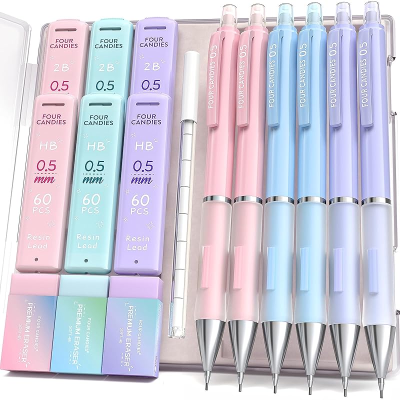 Four Candies 0.5 mm mechanical pencil set - 6 cute pencils and 360 HB&2B lead refills, 3 pastel erasers and 9 eraser refills, aesthetic school
Four Candies 0.5 mm mechanical pencil set - 6 cute pencils and 360 HB&2B lead refills, 3 pastel erasers and 9 eraser refills, aesthetic school