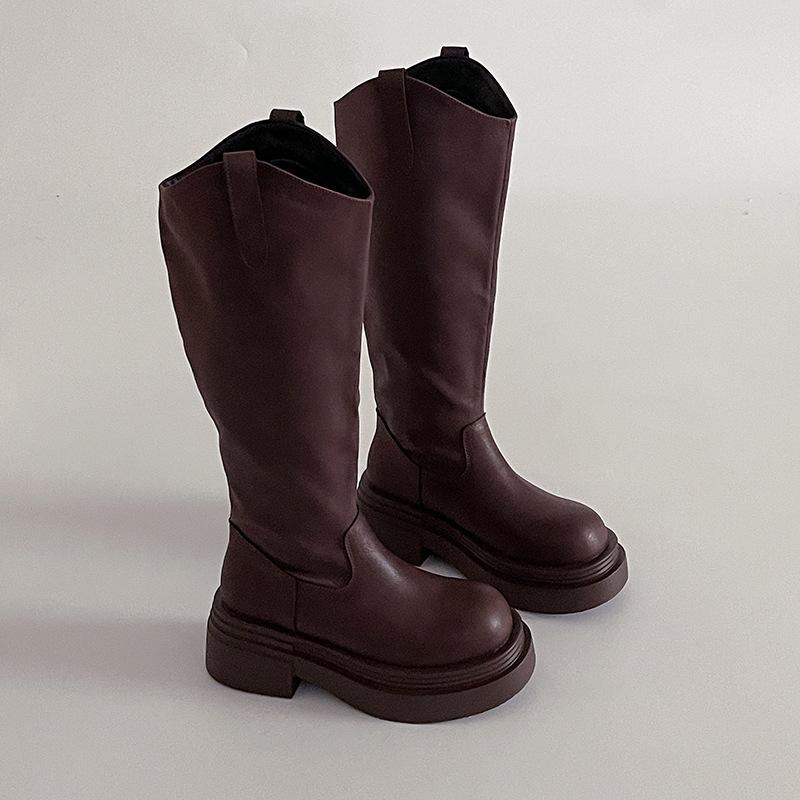 Простой стиль толстоподошвенные высокие ботфорты осенне-зимняя мода ретро стиль кожаные увеличивающие рост эластичные ботинки женские модные ботинки 40 тёмно-рыжий