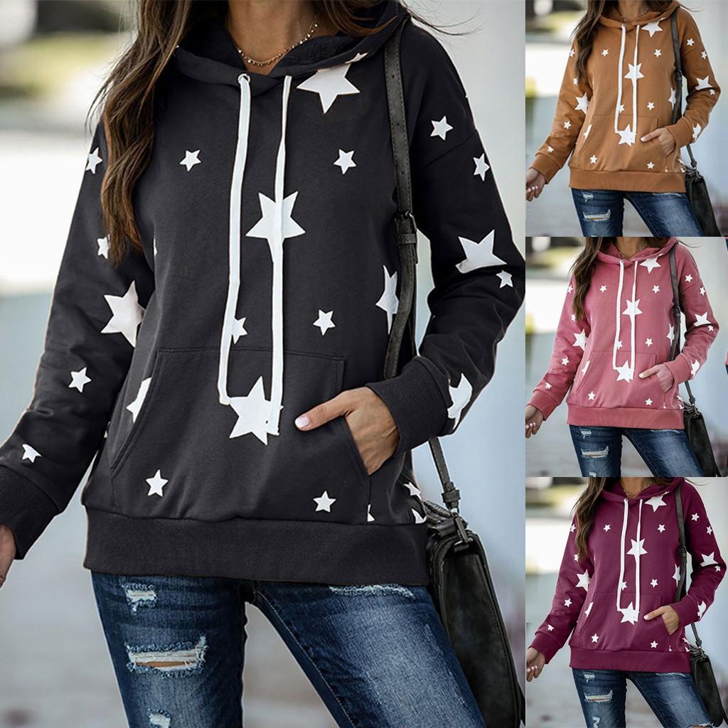 Женский пуловер с капюшоном и длинными рукавами с принтом звезд и карманами на шнурке 
Женский пуловер с капюшоном и длинными рукавами с принтом звезд и карманами на шнурке