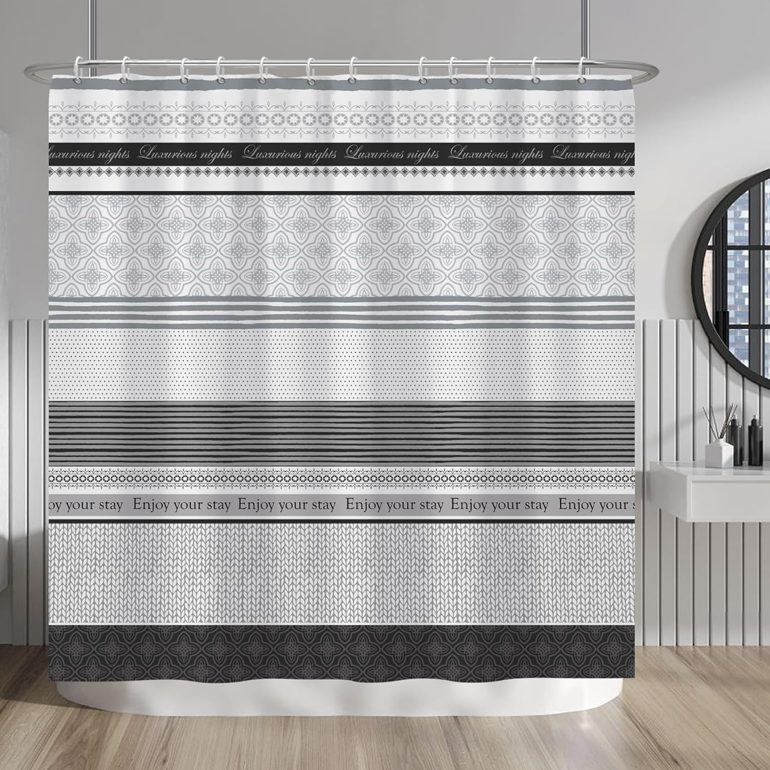 Luxurious Nights Shower Curtain Elegant Black White Pattern Bathroom Decor Hotel Style Textile Design Enjoy Your Stay Motif W60H190(CM)-1 Pcs
Luxurious Nights Shower Curtain Elegant Black White Pattern Bathroom Decor Hotel Style Textile Design Enjoy Your Stay Motif W60H190(CM)-1 Pcs