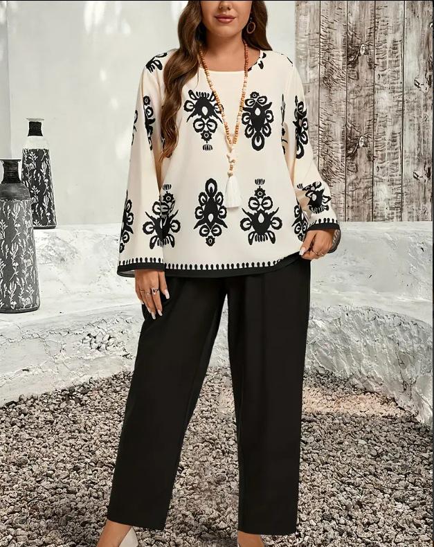 Elegant Autumn Long Sleeve Top and Pants Set with Casual Country Print 4X білий
Elegant Autumn Long Sleeve Top and Pants Set with Casual Country Print 4X білий
