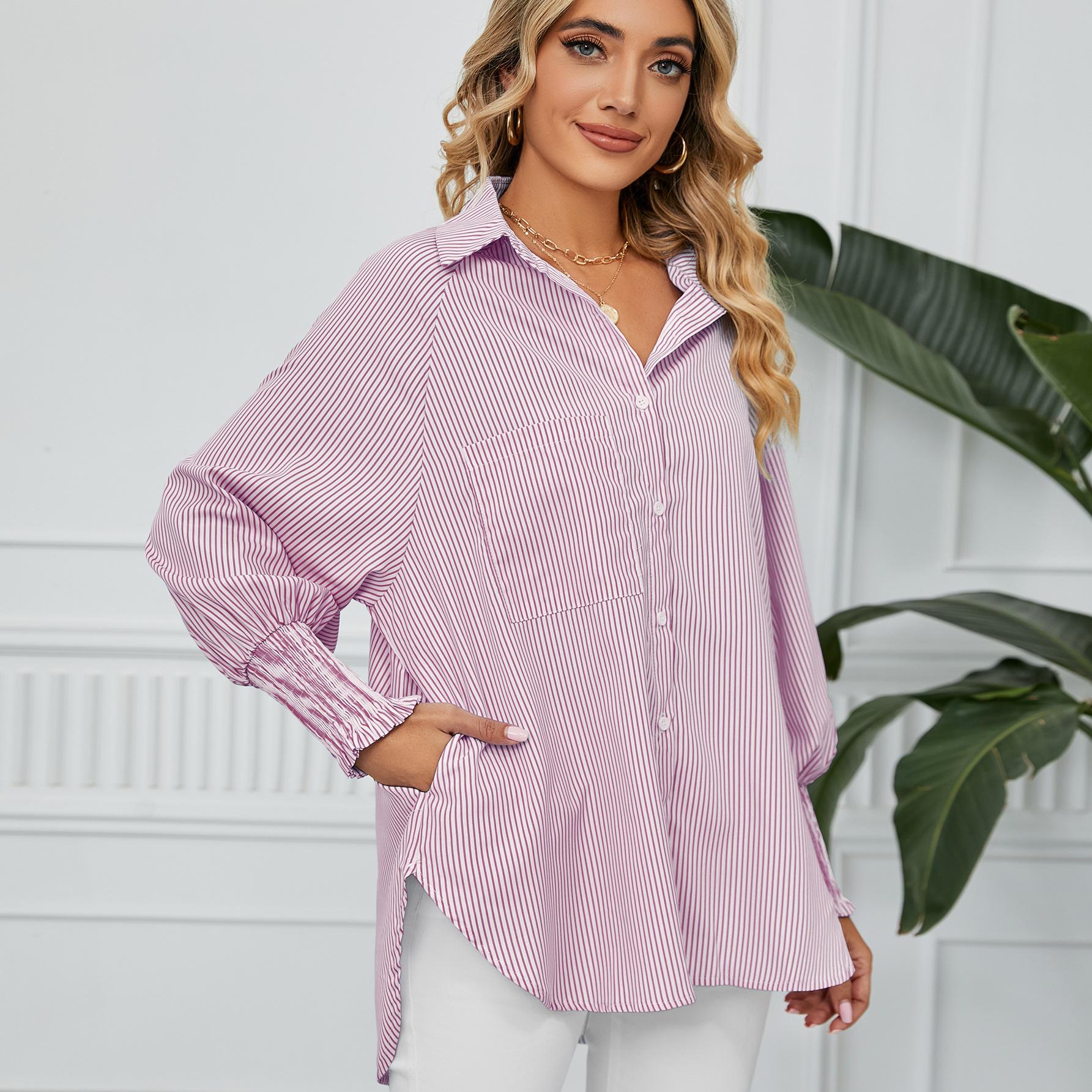 YYFS Женская мода Повседневная весна-осень Полосатый принт Длинные рукава Поло воротник блузки и рубашки XXL ярко-красный