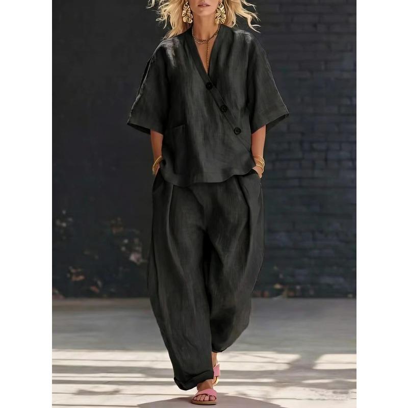 Women s Spring Summer Solid Color V-Neck Two Piece Set, Loose Short Sleeve Top & High Waisted Pants M чорний
Women s Spring Summer Solid Color V-Neck Two Piece Set, Loose Short Sleeve Top & High Waisted Pants M чорний