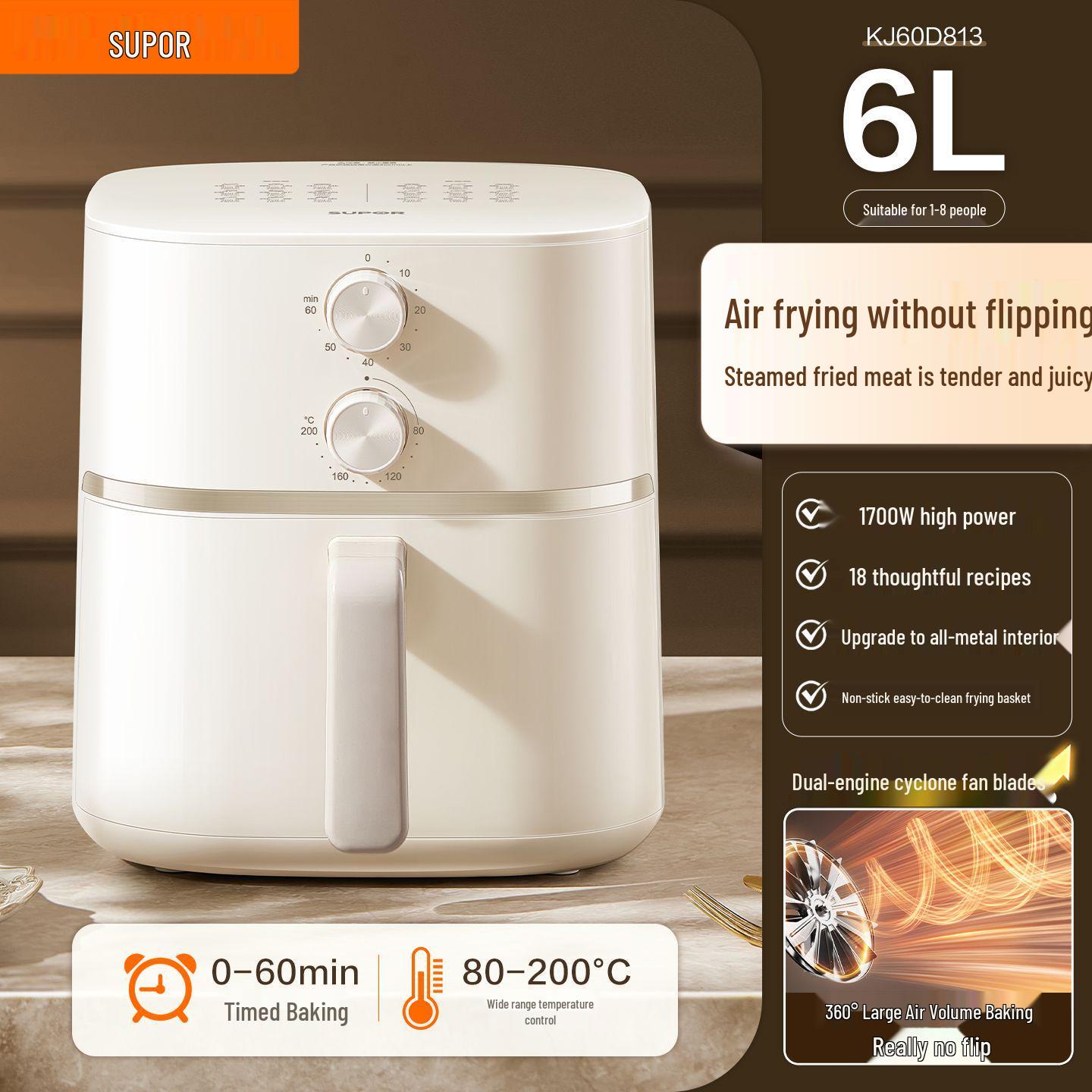 Supor Air Fryer: 6L Multi-Functional, No-Flip, Low-Noise, Oil-Free Electric Oven
Supor Air Fryer: 6L Multi-Functional, No-Flip, Low-Noise, Oil-Free Electric Oven