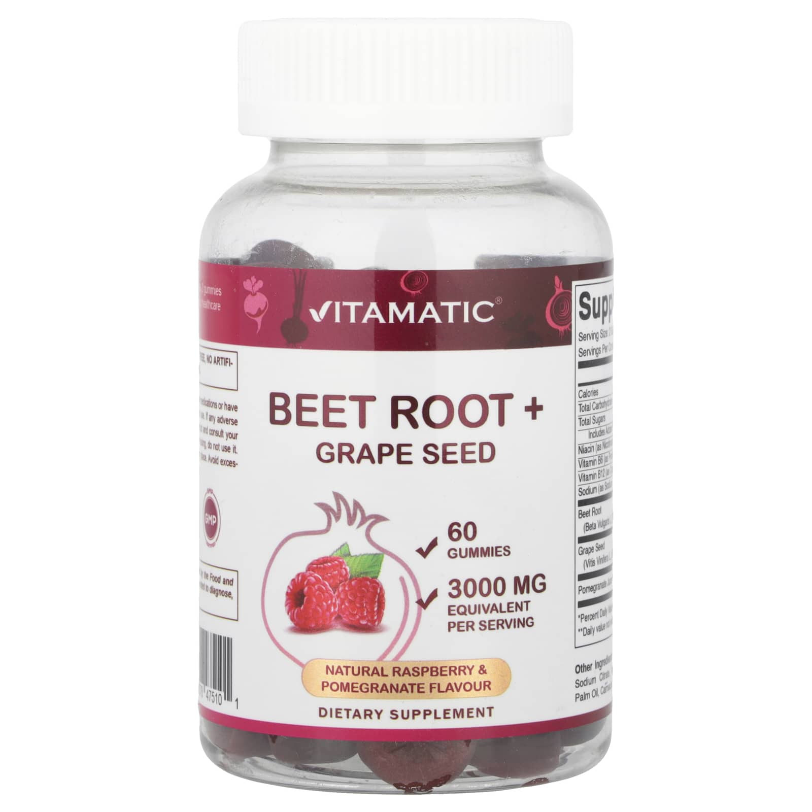 Vitamatic, цукерки з буряка та виноградних кісточок, натуральна малина та гранат, 60 цукерок
Vitamatic, цукерки з буряка та виноградних кісточок, натуральна малина та гранат, 60 цукерок