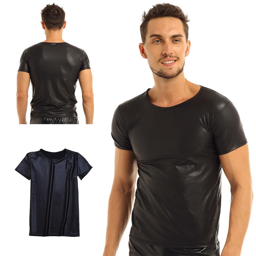 Мужская футболка из искусственной кожи с коротким рукавом с мокрым эффектом, приталенная одежда для сна, топы, майка 
Мужская футболка из искусственной кожи с коротким рукавом с мокрым эффектом, приталенная одежда для сна, топы, майка