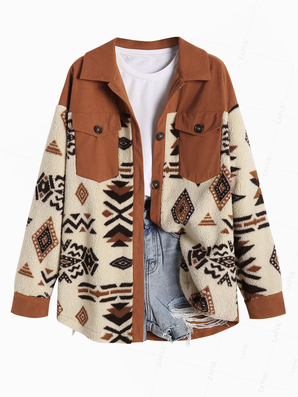 ZAFUL Женская однобортная куртка в этническом стиле с ацтекским геометрическим узором и карманами-карго из пушистого вельвета с вставками из плюша, куртка-рубашка XL кофейный
ZAFUL Женская однобортная куртка в этническом стиле с ацтекским геометрическим узором и карманами-карго из пушистого вельвета с вставками из плюша, куртка-рубашка XL кофейный