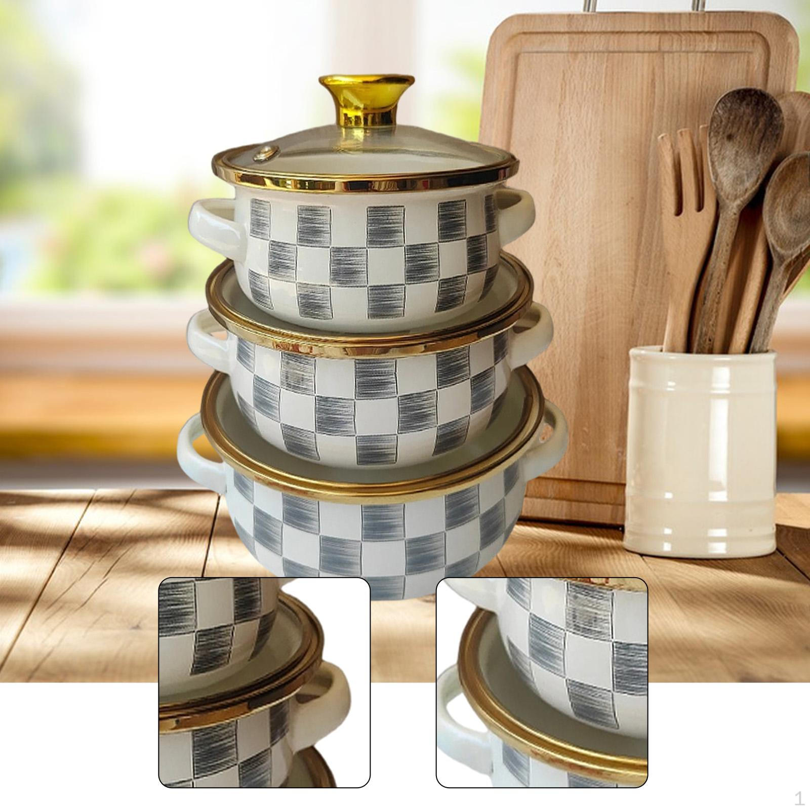 3x Эмалированная кастрюля для тушения фасоли, кастрюля для кипячения, антипригарная посуда, столовая посуда, портативная, с плоским дном, для приготовления пищи