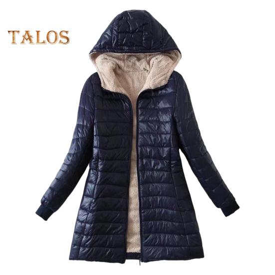 Женское зимнее пальто с капюшоном, толстая плюшевая подкладка, облегающий крой, ветрозащитная застежка-молния, длинные рукава, эластичные манжеты, уличная куртка, повседневная одежда, термобелье 3XL темно-синий