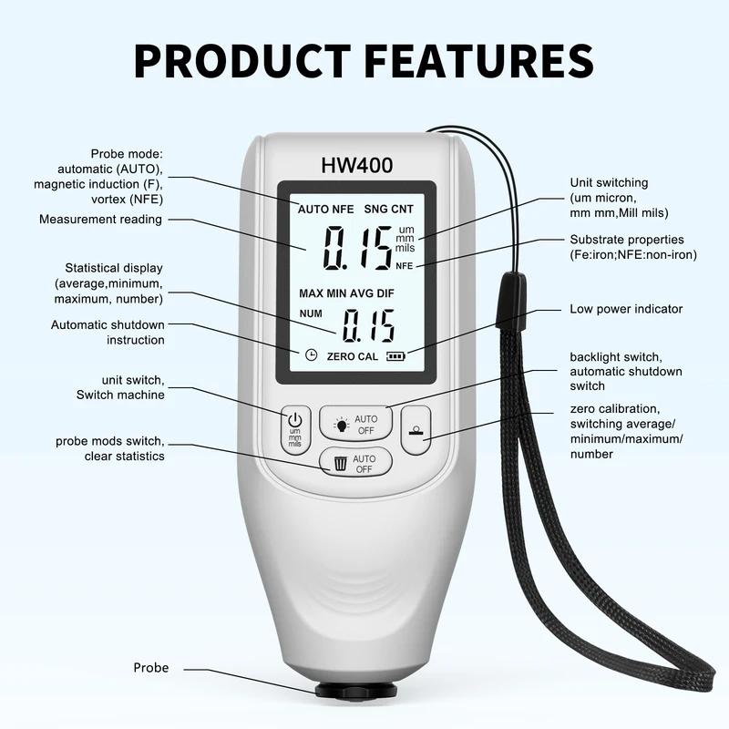HW 400 Car Paint Film Gauge 0.1micron/0-2000um Tester Thickness Measuring Tool Fe & NFe Automotive Coating Depth Meter белый
HW 400 Car Paint Film Gauge 0.1micron/0-2000um Tester Thickness Measuring Tool Fe & NFe Automotive Coating Depth Meter белый