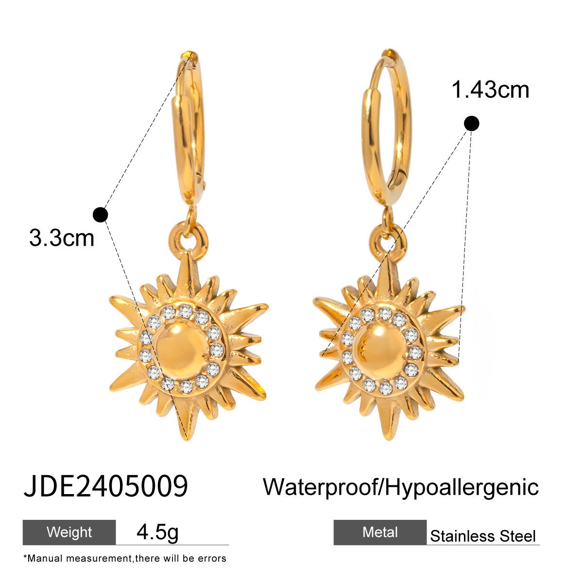 18K Gold Stainless Steel Sun Pendant Earrings with Rhinestones - Women s European & American Niche Fashion Titanium Steel Set.
18K Gold Stainless Steel Sun Pendant Earrings with Rhinestones - Women s European & American Niche Fashion Titanium Steel Set.