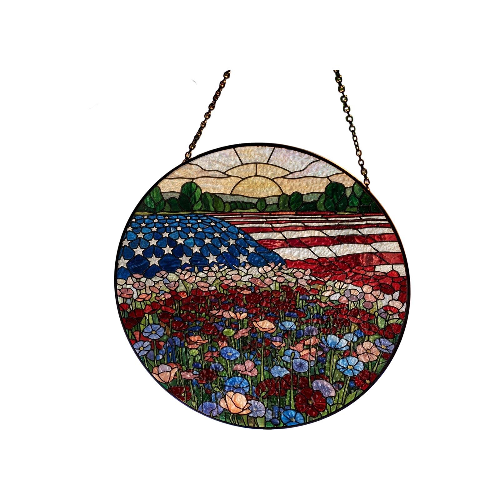 Round Stained Glass Hanging Panel with Flag and Mountain Scene Pattern for Window or Wall Decoration with Chain Included One Size
Round Stained Glass Hanging Panel with Flag and Mountain Scene Pattern for Window or Wall Decoration with Chain Included One Size