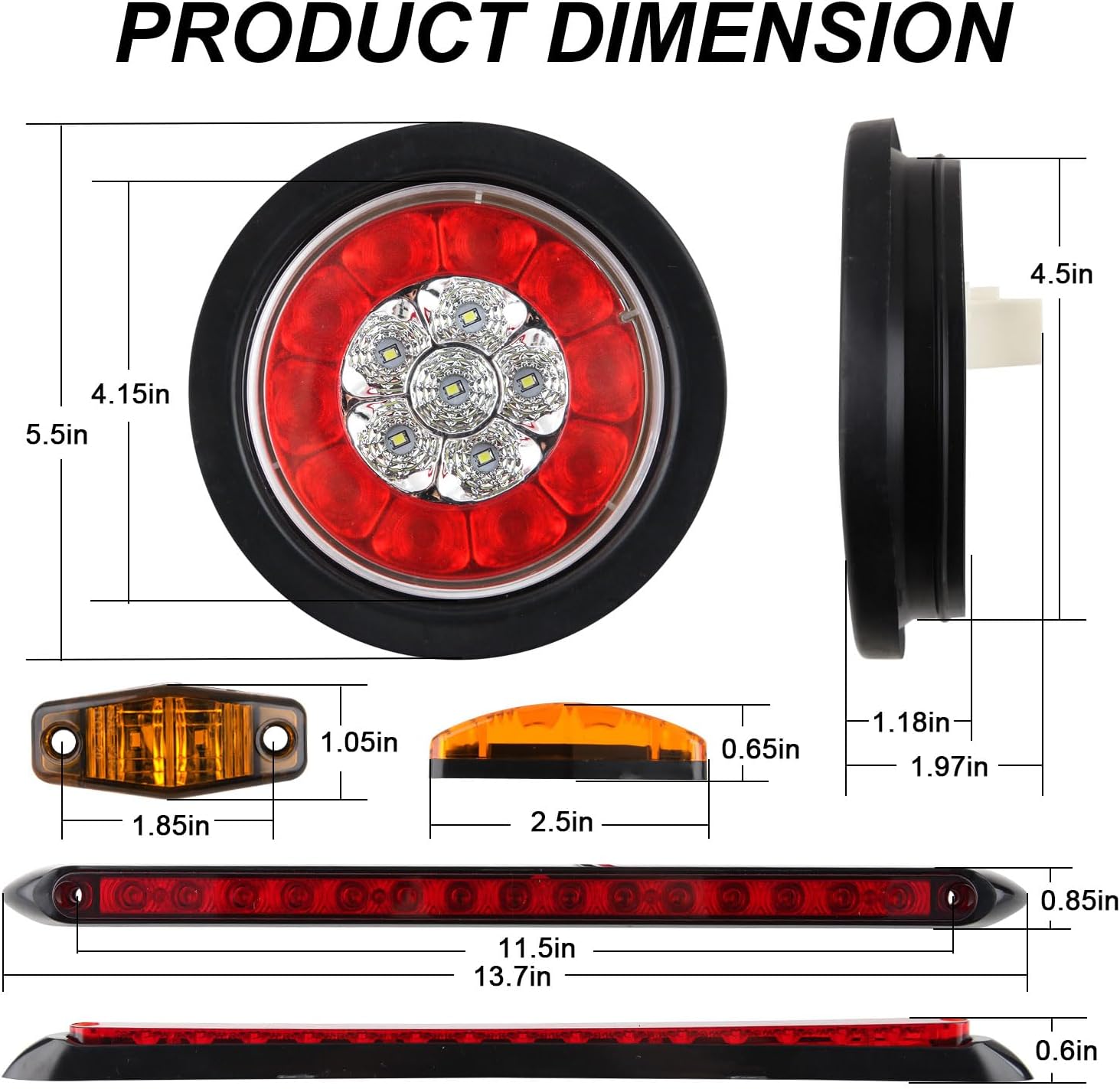 4 Round LED Trailer Tail Lights Kit, 16LED, 4Amber+2Red Markers, 13.8 3rd Brake Strip, 5-Pin Wiring Harness United States
4 Round LED Trailer Tail Lights Kit, 16LED, 4Amber+2Red Markers, 13.8 3rd Brake Strip, 5-Pin Wiring Harness United States