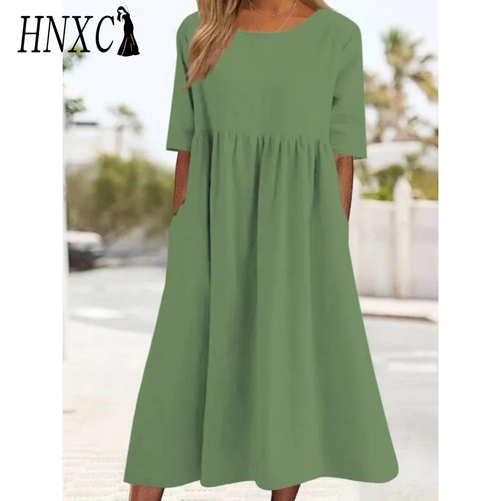 HNXC Весенне-летнее женское платье с круглым вырезом, повседневное свободное длинное платье, платья больших размеров M зелёный