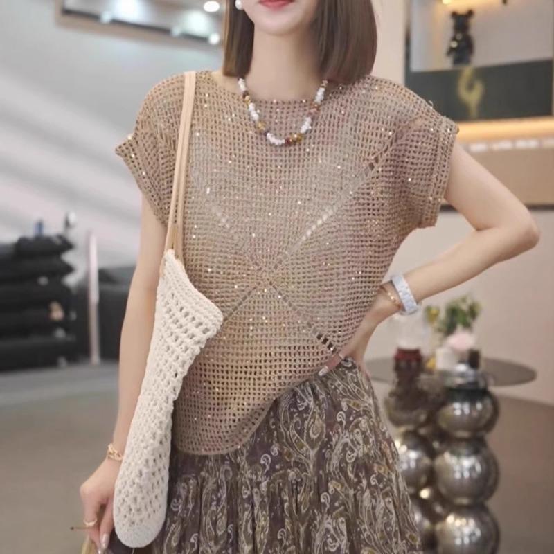 women hollow out sequin knit top round neck short sleeve casual blouse onesize кавовий
women hollow out sequin knit top round neck short sleeve casual blouse onesize кавовий