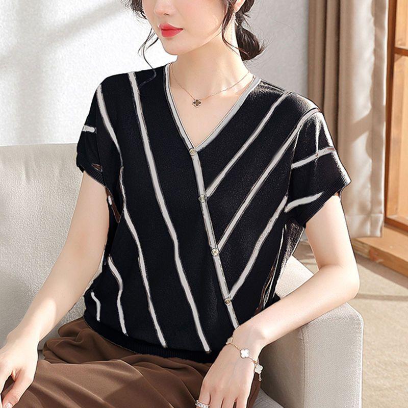 Mom Summer Полосатая футболка с короткими рукавами из шелка, женская, с V-образным вырезом, тонкая 3XL
Mom Summer Полосатая футболка с короткими рукавами из шелка, женская, с V-образным вырезом, тонкая 3XL