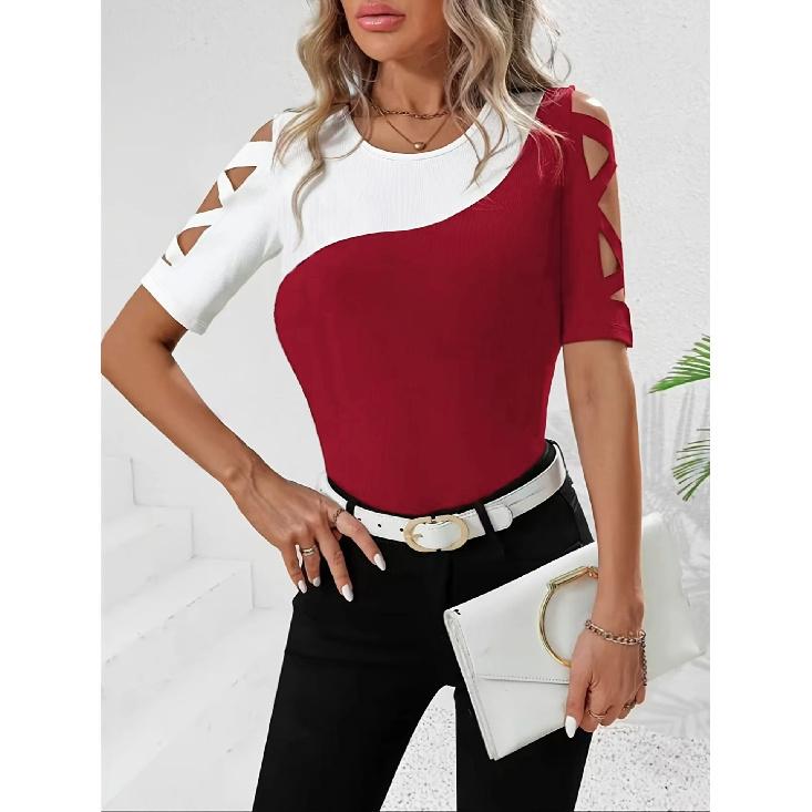 Off-shoulder color-block short-sleeve T-shirt for women, slim-fit, color-block cutout top, multi-color, fashionable and versatile style 0XL
Off-shoulder color-block short-sleeve T-shirt for women, slim-fit, color-block cutout top, multi-color, fashionable and versatile style 0XL