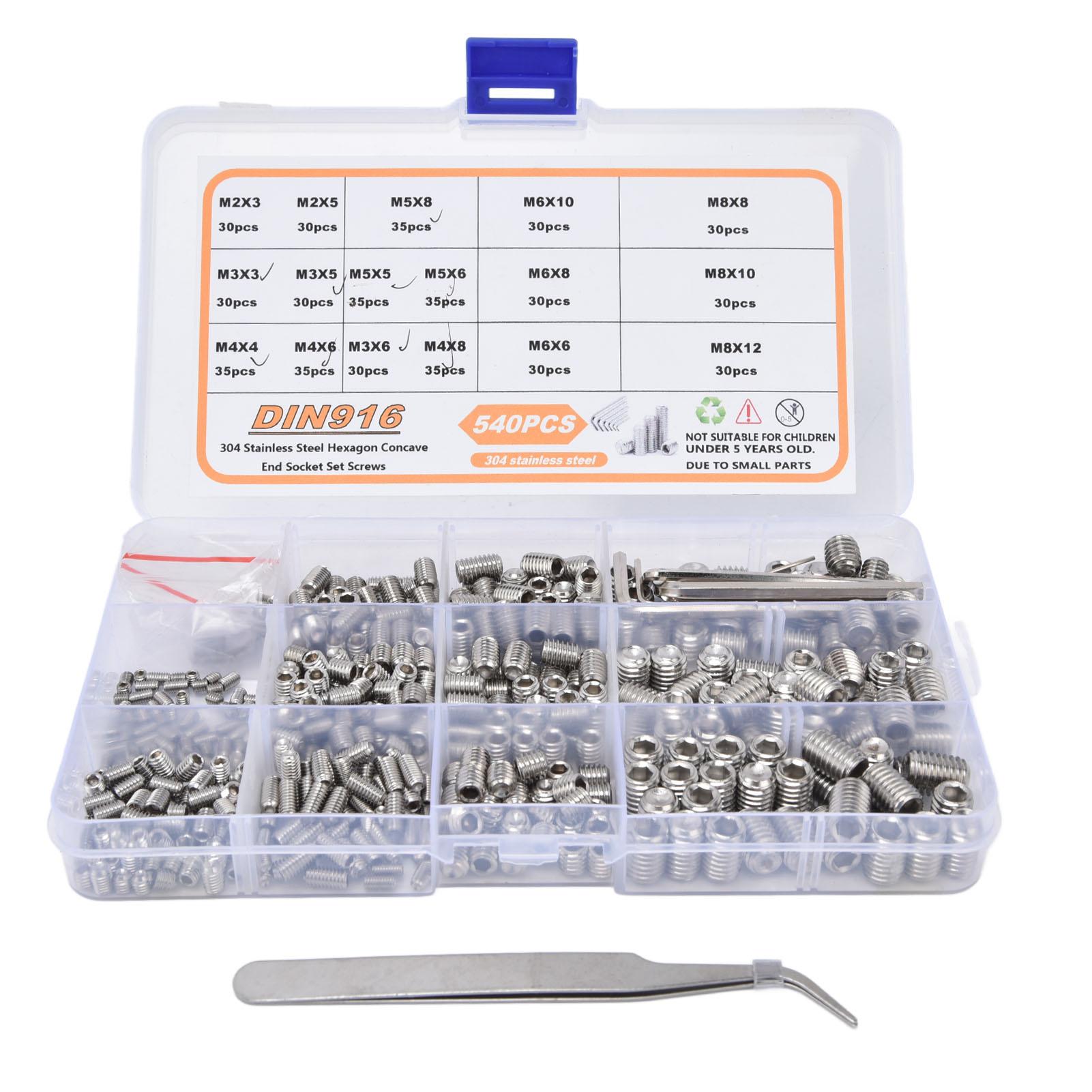 540Pcs Set Screw 304 Stainless Steel M2M8 Cup Point Screws Assortment Kit with Tweezers Wrench
540Pcs Set Screw 304 Stainless Steel M2M8 Cup Point Screws Assortment Kit with Tweezers Wrench