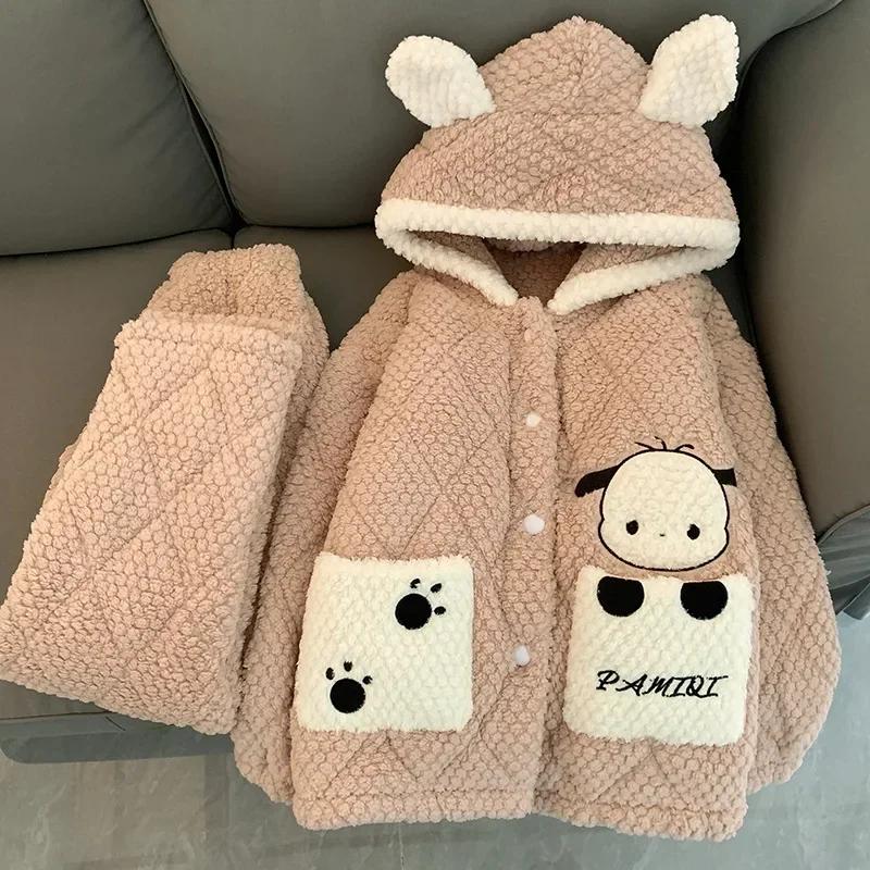 Пижама зимняя плюшевая хлопковая с длинными рукавами и капюшоном теплая утолщенная из двух частей домашняя одежда с героями мультфильмов женская пижамная одежда комплект 2XL