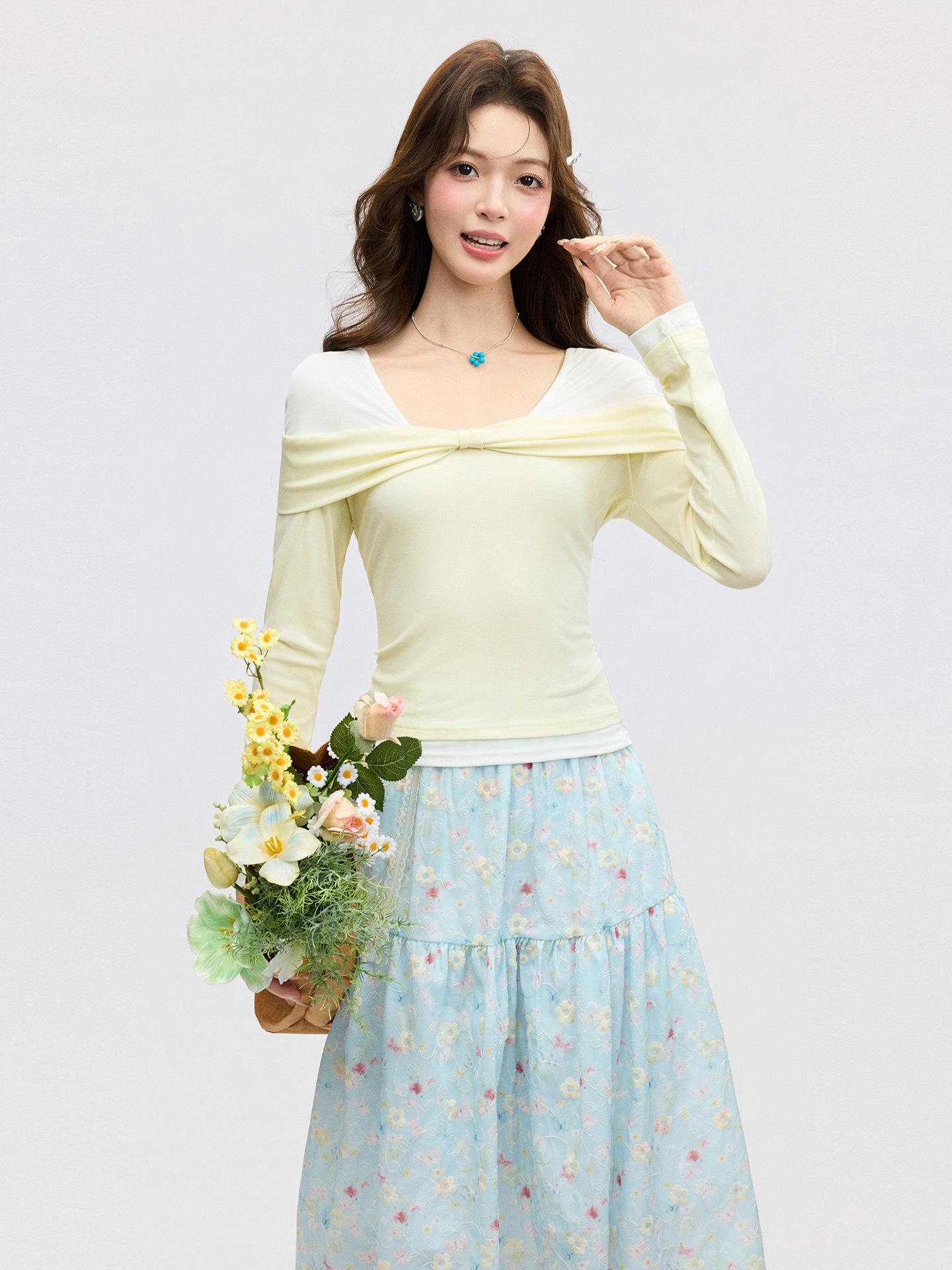 Yellow V-neck contrasting fake two-piece splicing long-sleeved T-shirt women s spring new kinked design slim-fit top S
Yellow V-neck contrasting fake two-piece splicing long-sleeved T-shirt women s spring new kinked design slim-fit top S