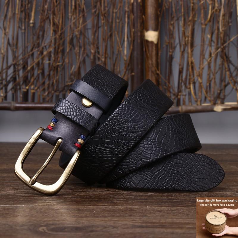 Утолщенный ремень из чистой коровьей кожи с медной пряжкой, мужской ремень из натуральной кожи с пряжкой-штифтом, модный ретро-ремень для джинсов 130cm чёрный