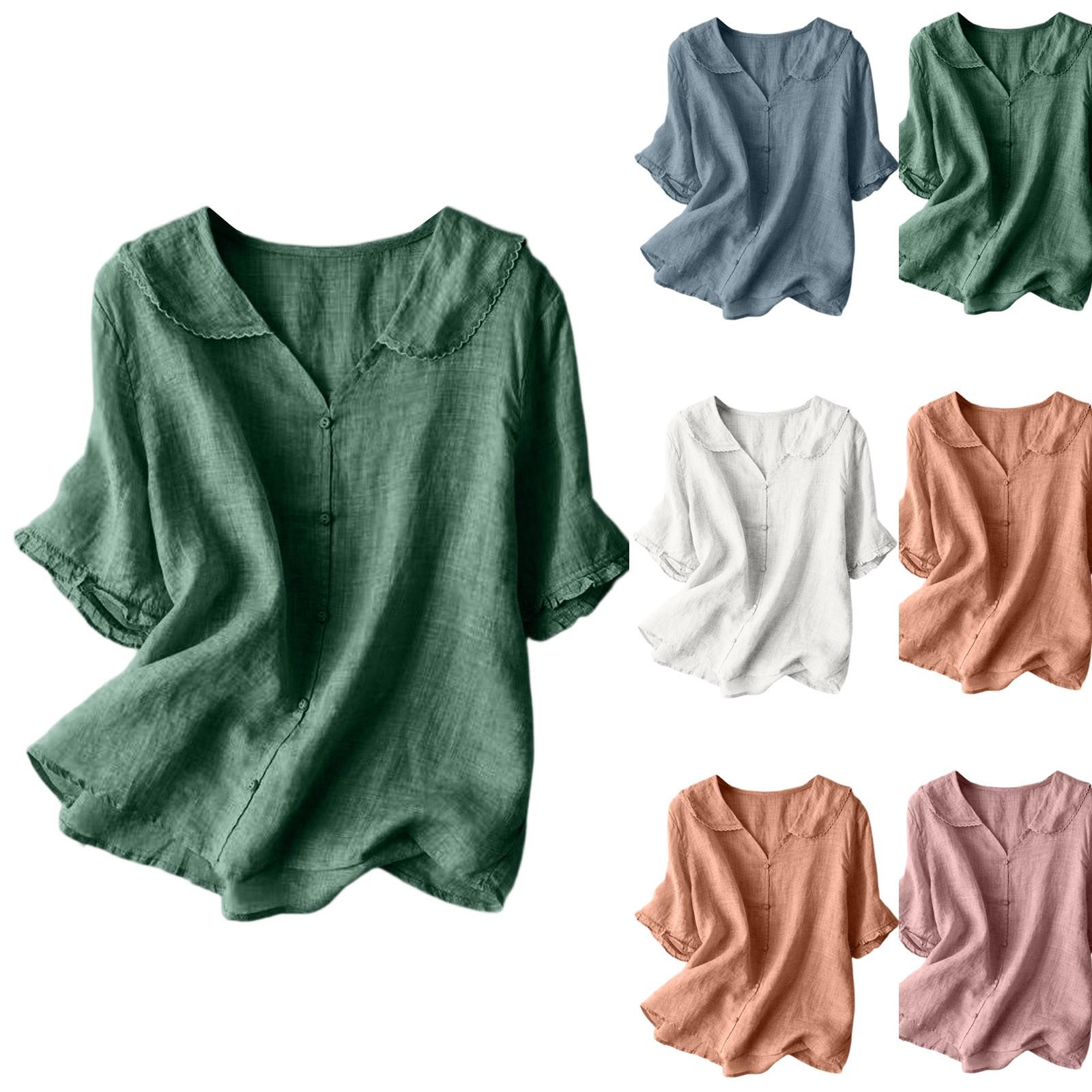 Women s Solid Color Cotton Linen Short Sleeved Retro Breathable T-Shirt With Doll Neck Loose Top M синий
Women s Solid Color Cotton Linen Short Sleeved Retro Breathable T-Shirt With Doll Neck Loose Top M синий