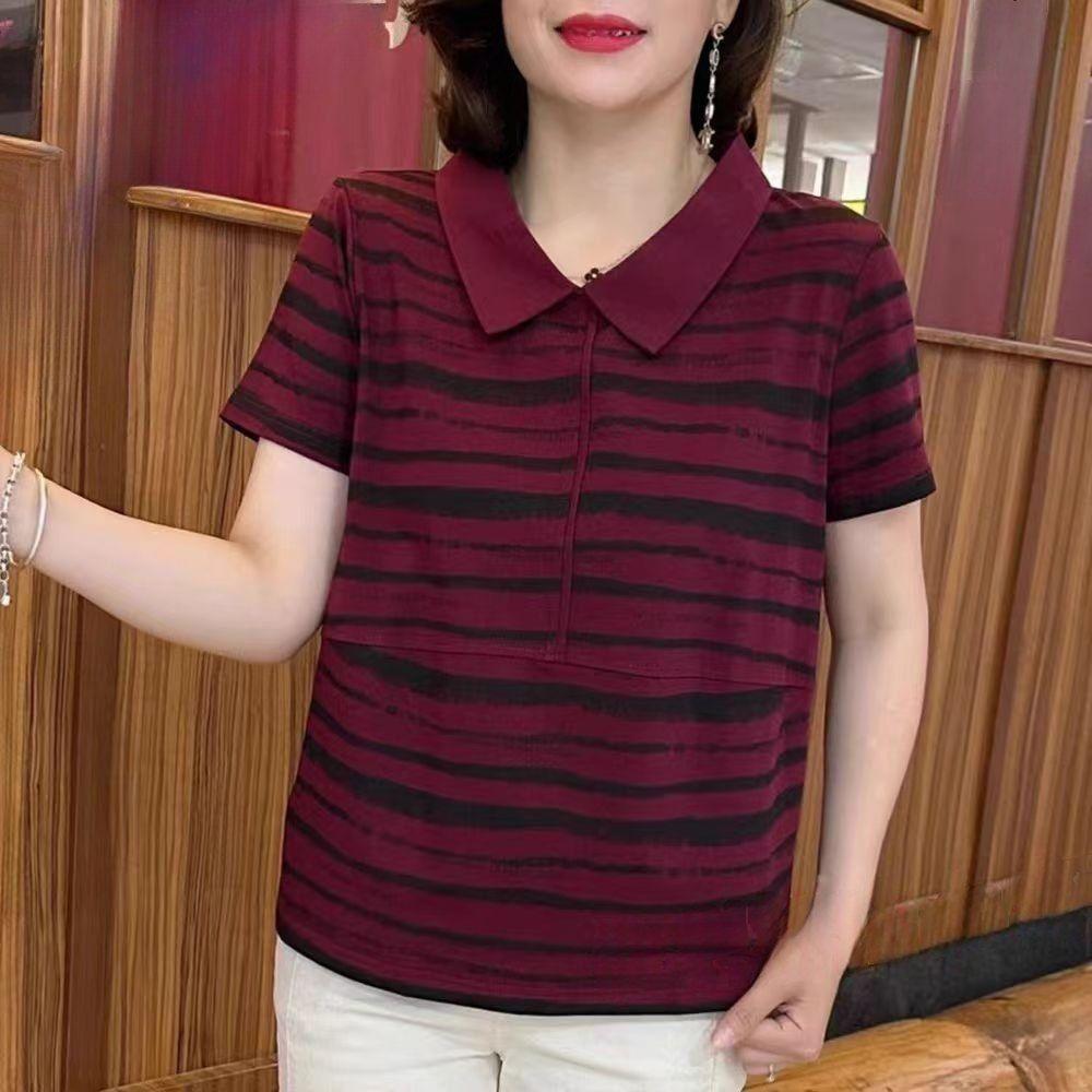 Summer new fashion short-sleeved striped T-shirt age-reducing polo collar loose casual top women 4XL бордовий
Summer new fashion short-sleeved striped T-shirt age-reducing polo collar loose casual top women 4XL бордовий