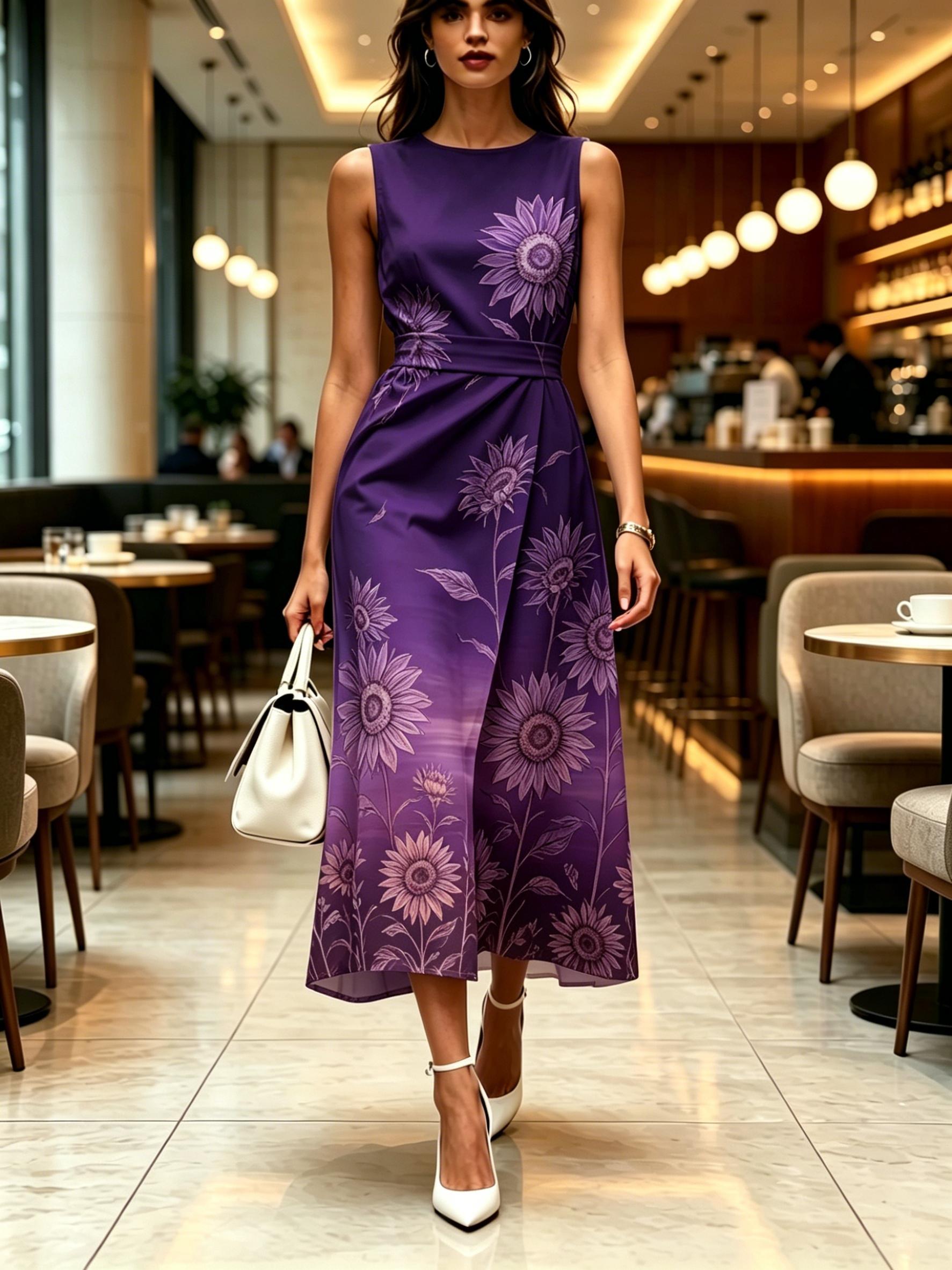 Round neck sleeveless midi dress with sunflower print on a purple gradient fabric modern elegant casual fashionable womens clothing for spring summer XXS
Round neck sleeveless midi dress with sunflower print on a purple gradient fabric modern elegant casual fashionable womens clothing for spring summer XXS