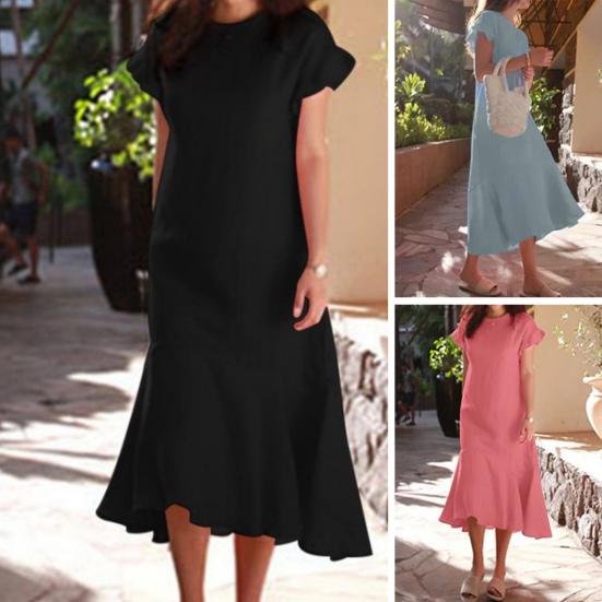 Женское летнее платье миди с круглым вырезом и короткими рукавами, однотонное платье-футболка свободного покроя с нерегулярной рюшами и отделкой по краю, уличная одежда 
Женское летнее платье миди с круглым вырезом и короткими рукавами, однотонное платье-футболка свободного покроя с нерегулярной рюшами и отделкой по краю, уличная одежда