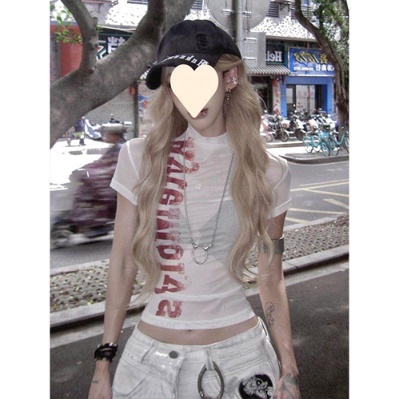 Mesh Fabric American-Style Letter Print Short-Sleeve T-Shirt for Women, Summer Slim Fit, Regular Shoulder, Semi-High Collar, Slightly Sheer Top White S
Mesh Fabric American-Style Letter Print Short-Sleeve T-Shirt for Women, Summer Slim Fit, Regular Shoulder, Semi-High Collar, Slightly Sheer Top White S