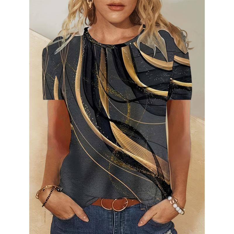 Ladies Casual Short Sleeved T-shirt - Date Blue and Gold Contrasting Abstract Line Printed Round Neck Top L
Ladies Casual Short Sleeved T-shirt - Date Blue and Gold Contrasting Abstract Line Printed Round Neck Top L