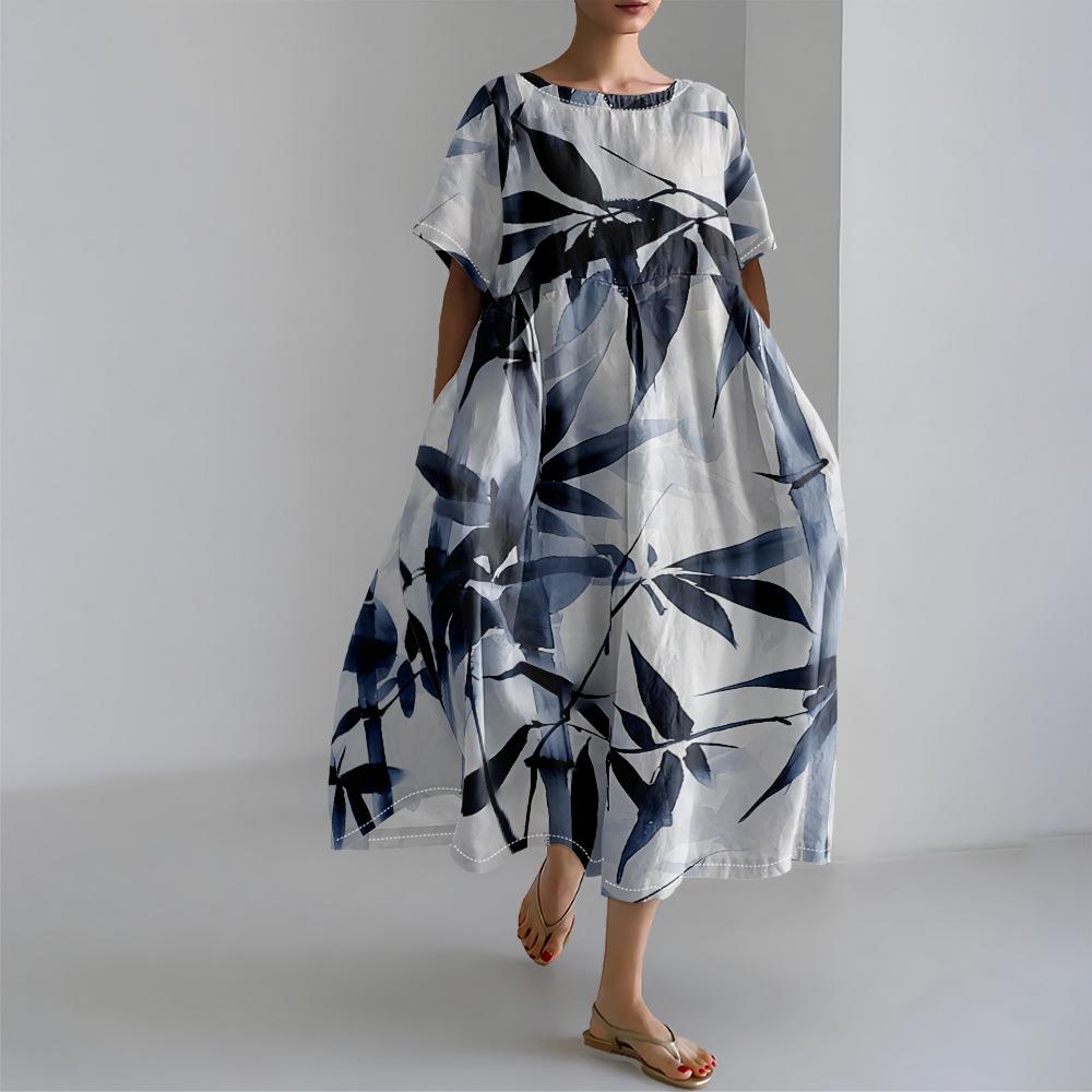 Plus Size Bamboo Leaf Ink Print Summer Dress - Versatile European & American Style, Round Neck, Short Sleeve L
Plus Size Bamboo Leaf Ink Print Summer Dress - Versatile European & American Style, Round Neck, Short Sleeve L