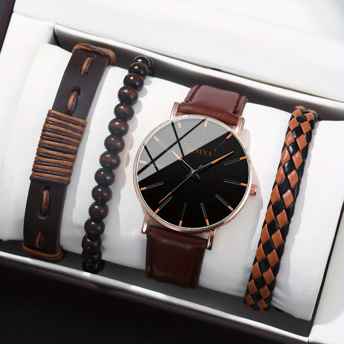 Набор из 4 предметов, роскошные мужские часы, модные мужские часы с кожаным ремешком, деловые мужские часы, подарки на День отца