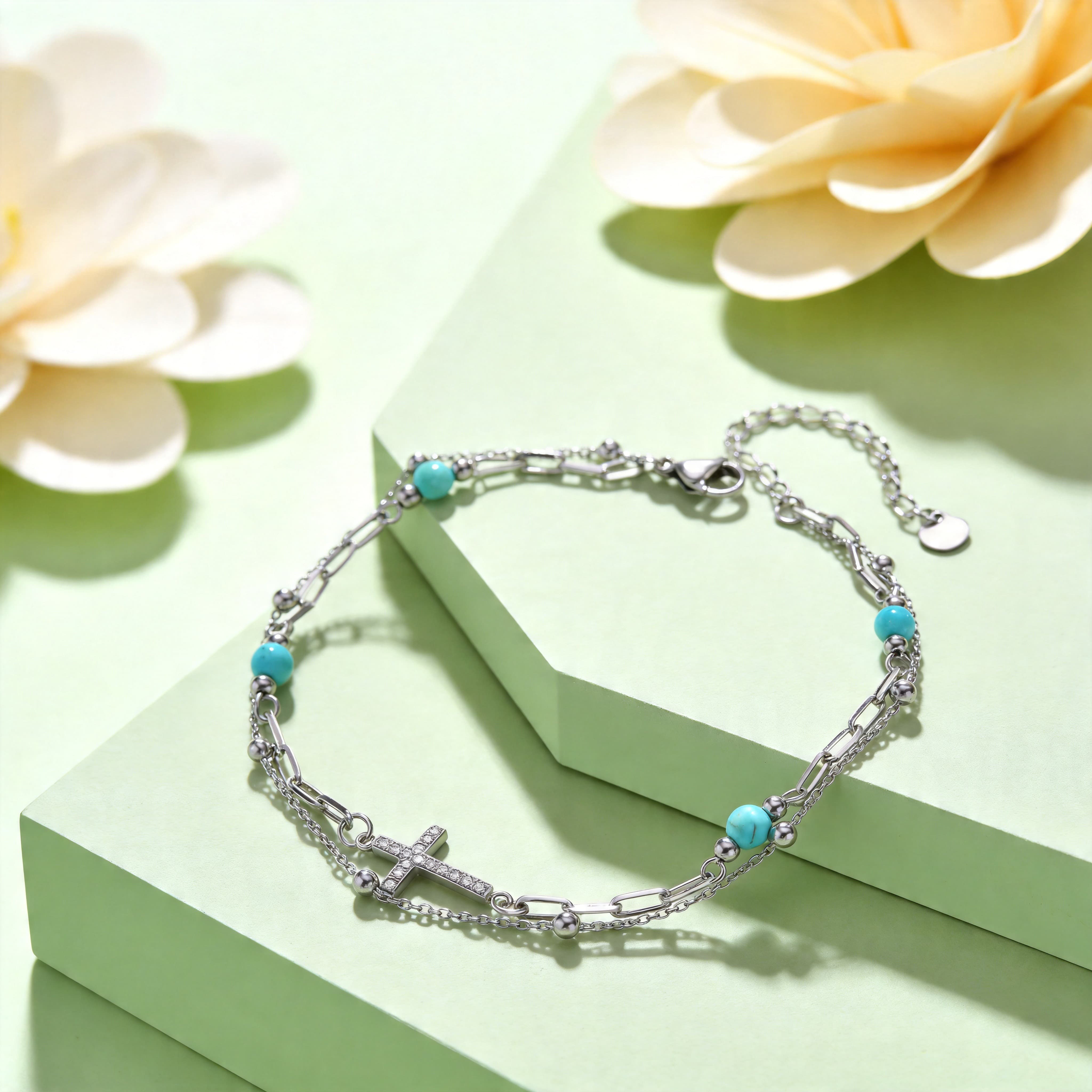 Fashion Stainless Steel Anklet Turquoise Zircon Cross Double-Layer Anklet for Women Cross Beads Chain Anklets,Foot Leg Jewelry
Fashion Stainless Steel Anklet Turquoise Zircon Cross Double-Layer Anklet for Women Cross Beads Chain Anklets,Foot Leg Jewelry