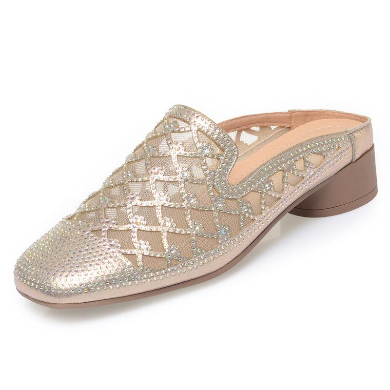 Летние модные шлепанцы с вырезами и стразами, женские мюли, дышащие, на ремешке сзади, на мягкой подошве, повседневная обувь 36(Foot23cm)