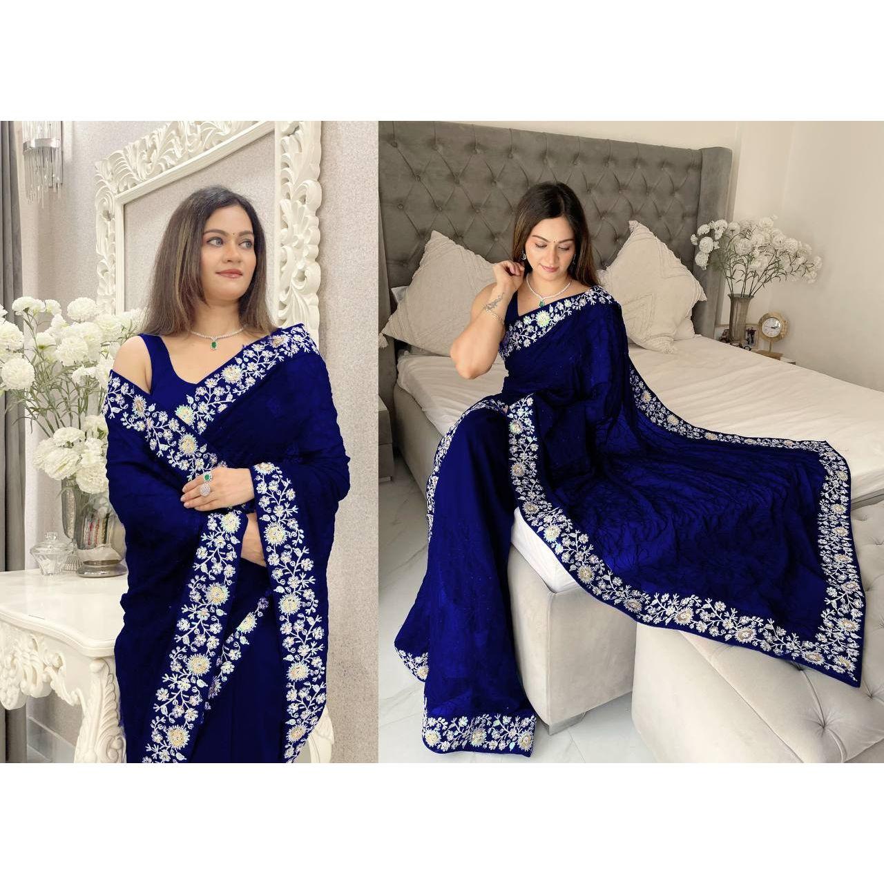 Сари из искусственного жоржета с дизайнерской цветочной вышивкой 3 мм и нитью 
Сари из искусственного жоржета с дизайнерской цветочной вышивкой 3 мм и нитью