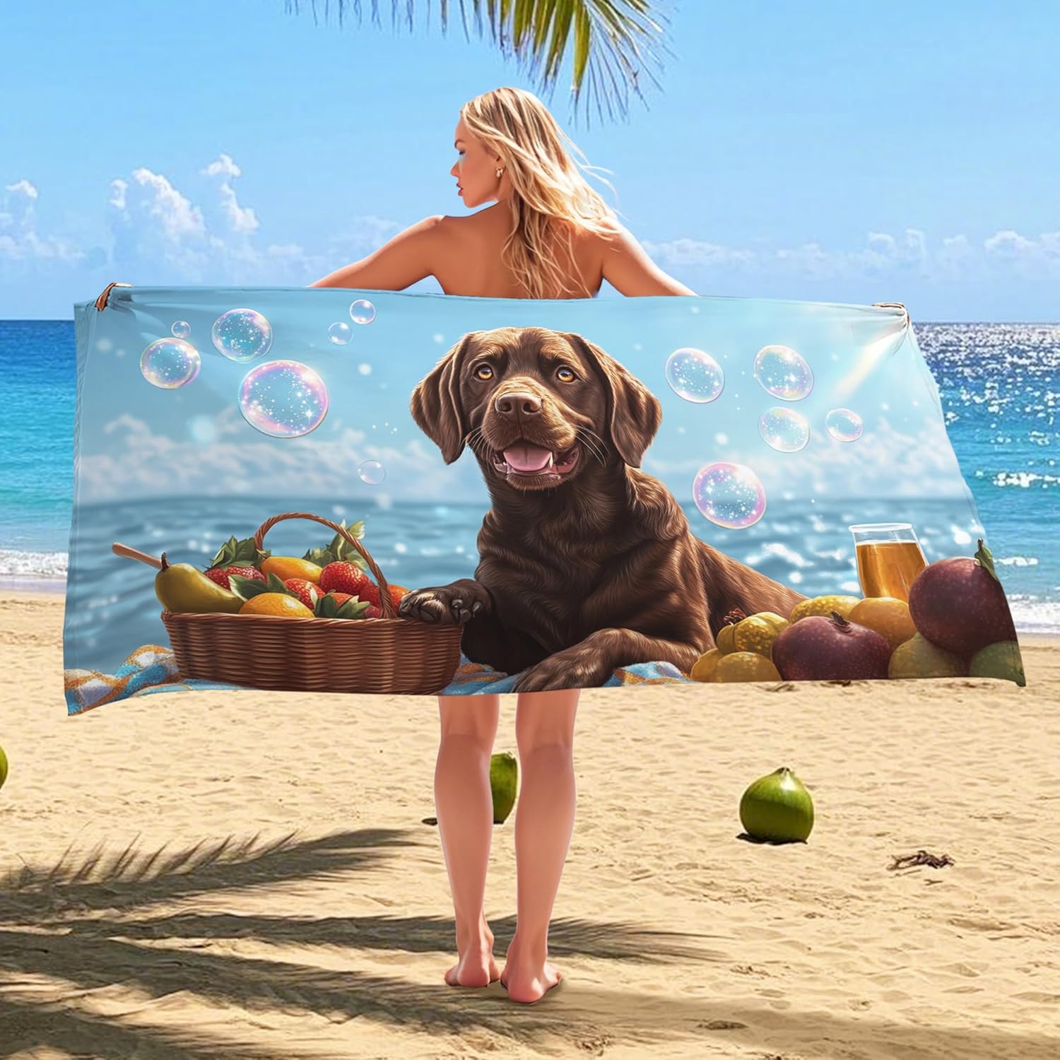 Cute Chocolate Lab Beach Towel with Fruits and Bubbles,Dry Absorbent Sand Free Lightweight Beach Blanket, Ideal for Vacation W40*H60(CM)
Cute Chocolate Lab Beach Towel with Fruits and Bubbles,Dry Absorbent Sand Free Lightweight Beach Blanket, Ideal for Vacation W40*H60(CM)