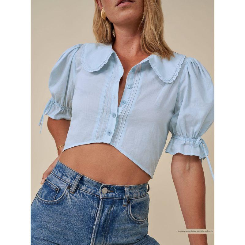 Summer New Arrival Ref Pure Yuan French Style Doll Collar Shirt High Waist Pure Cotton Lapel Slimming Short Top for Women Light blue 0
Summer New Arrival Ref Pure Yuan French Style Doll Collar Shirt High Waist Pure Cotton Lapel Slimming Short Top for Women Light blue 0