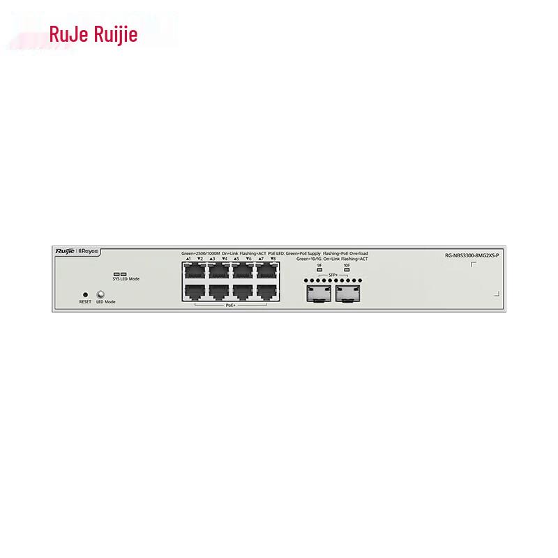 Ruijie RG-NBS3300-8MG2XS-P 8-Port 2.5G Layer 2 Managed PoE Switch
Ruijie RG-NBS3300-8MG2XS-P 8-Port 2.5G Layer 2 Managed PoE Switch
