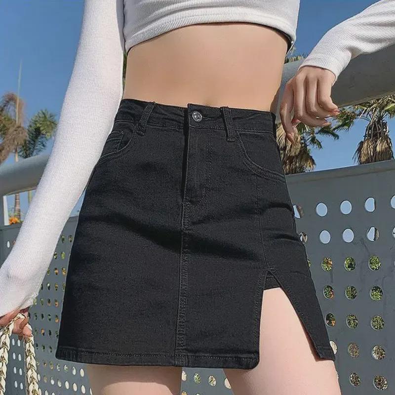 Black Elastic High-Waist Slit Denim Mini Skirt for Women - A-Line Anti-Exposure Bodycon Style L
Black Elastic High-Waist Slit Denim Mini Skirt for Women - A-Line Anti-Exposure Bodycon Style L