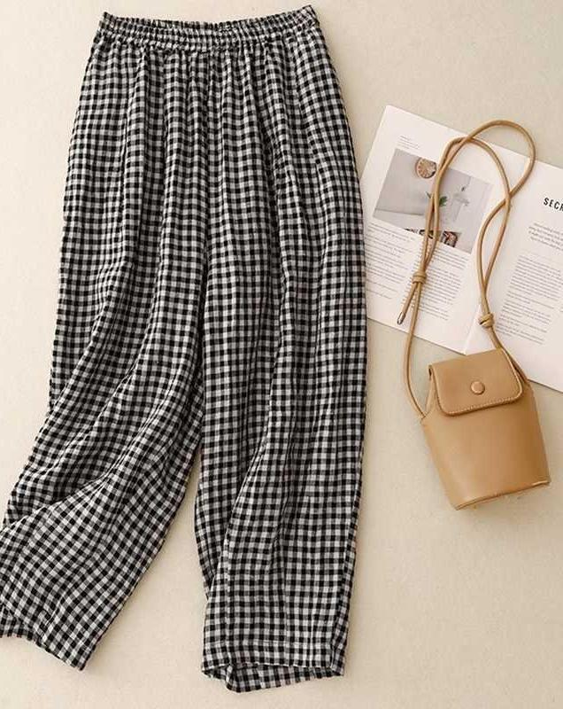 Spring and summer literary and retro small plaid natural cotton and linen leaven washing process loose nine-point wide-leg pants show thin homemade 2XL
Spring and summer literary and retro small plaid natural cotton and linen leaven washing process loose nine-point wide-leg pants show thin homemade 2XL