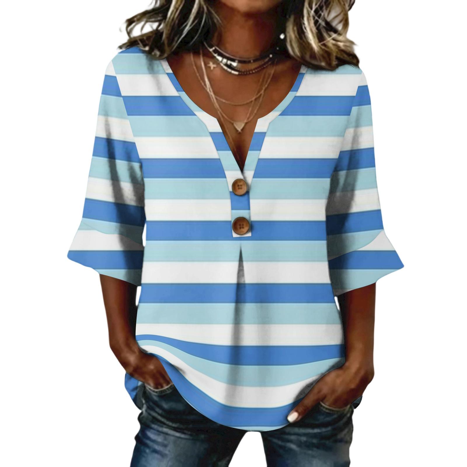 Ladies striped printed button casual V-neck fashionable seven quarter sleeve top XL небо синє кольору
Ladies striped printed button casual V-neck fashionable seven quarter sleeve top XL небо синє кольору