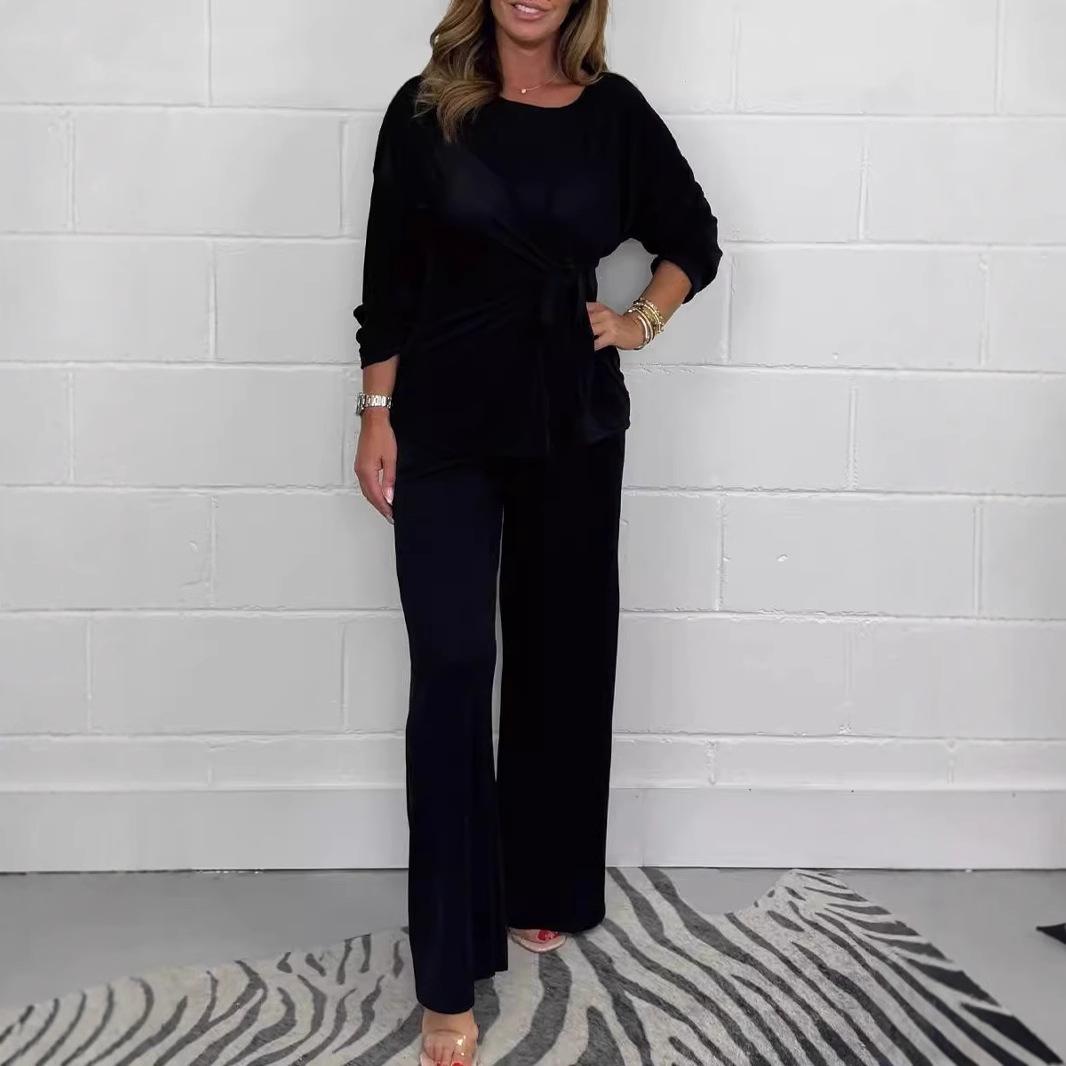 Осінній жіночий брючний костюм великих розмірів, однотонний повсякденний модний топ із довгими рукавами на шнурівці та брючний костюм XXL чорний
Осінній жіночий брючний костюм великих розмірів, однотонний повсякденний модний топ із довгими рукавами на шнурівці та брючний костюм XXL чорний