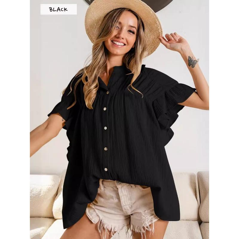 Летняя мода стойка воротник однобортный рукав с оборками плиссированный свободный топ женский XL чёрный
Летняя мода стойка воротник однобортный рукав с оборками плиссированный свободный топ женский XL чёрный