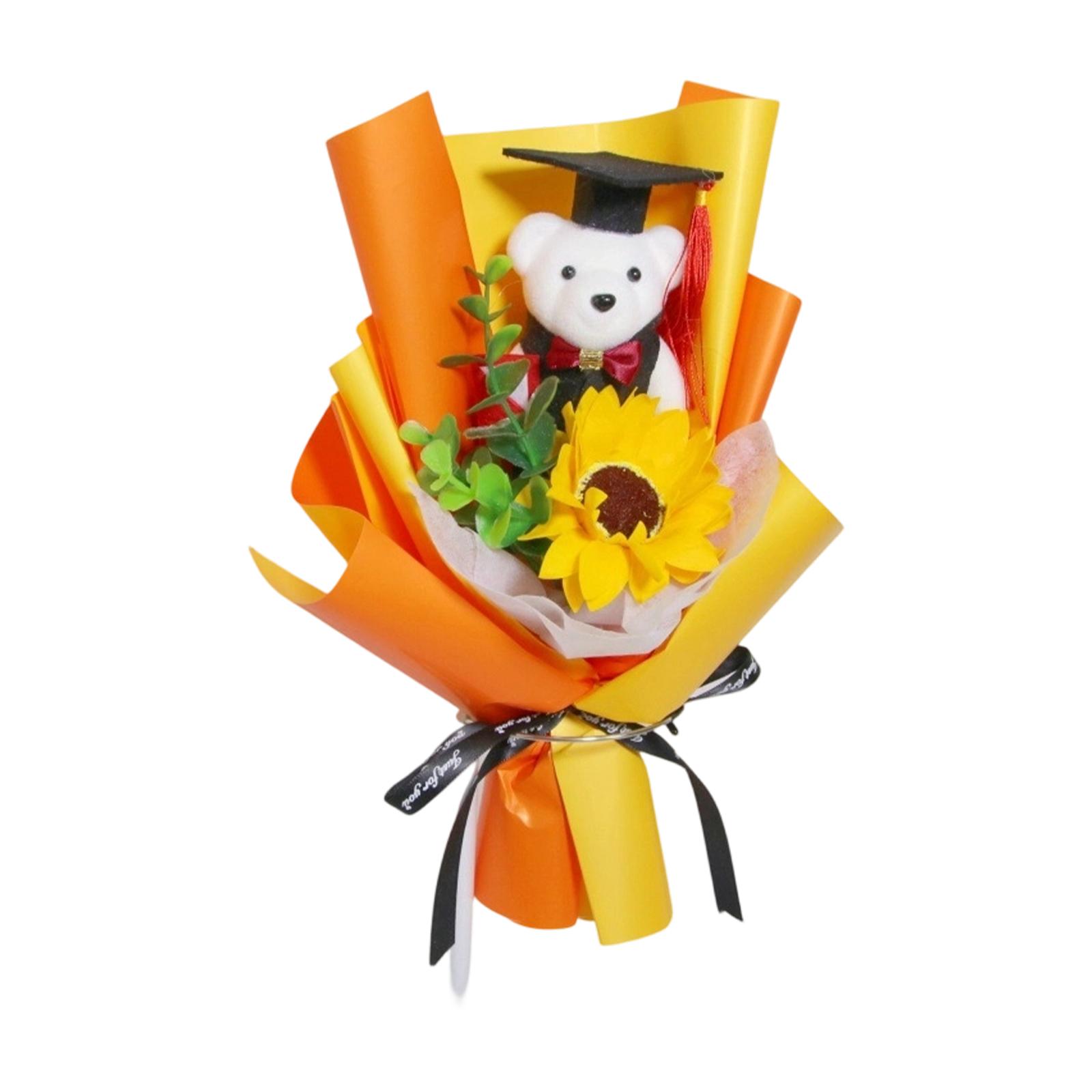 Graduation Teddy Bear Bouquet with Plush Toy Wearing Academic Cap and Gown Holding Artificial Sunflower Wrapped in Decorative Paper for Celebration One Size
Graduation Teddy Bear Bouquet with Plush Toy Wearing Academic Cap and Gown Holding Artificial Sunflower Wrapped in Decorative Paper for Celebration One Size