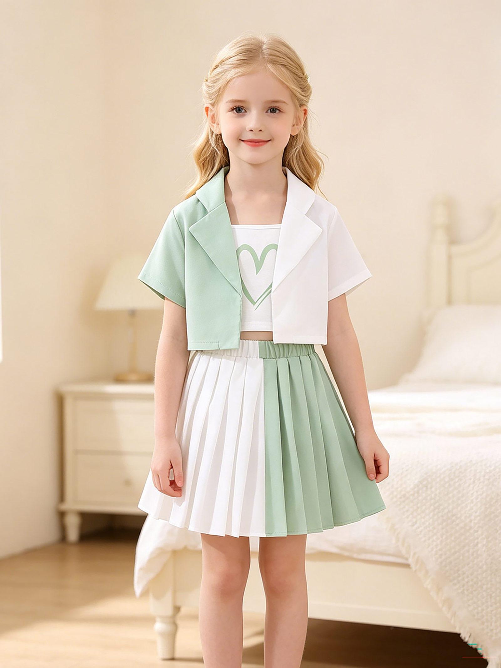 3 Pcs Girls Preppy Skirt Set, Color Block Blazer Jacket with Heart Tee and Pleated Skirt, Trendy Outfits for Kids 8-12 Years 8Y зелёный
3 Pcs Girls Preppy Skirt Set, Color Block Blazer Jacket with Heart Tee and Pleated Skirt, Trendy Outfits for Kids 8-12 Years 8Y зелёный