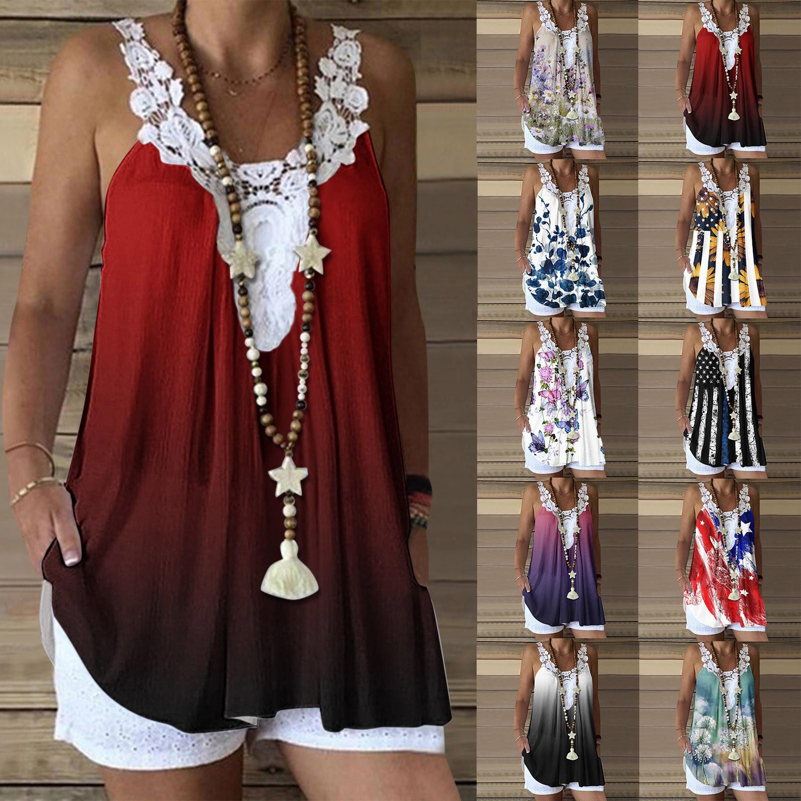 Women s Fashion Printed Lace Tank Top Loose Casual Camisole T-Shirt Top