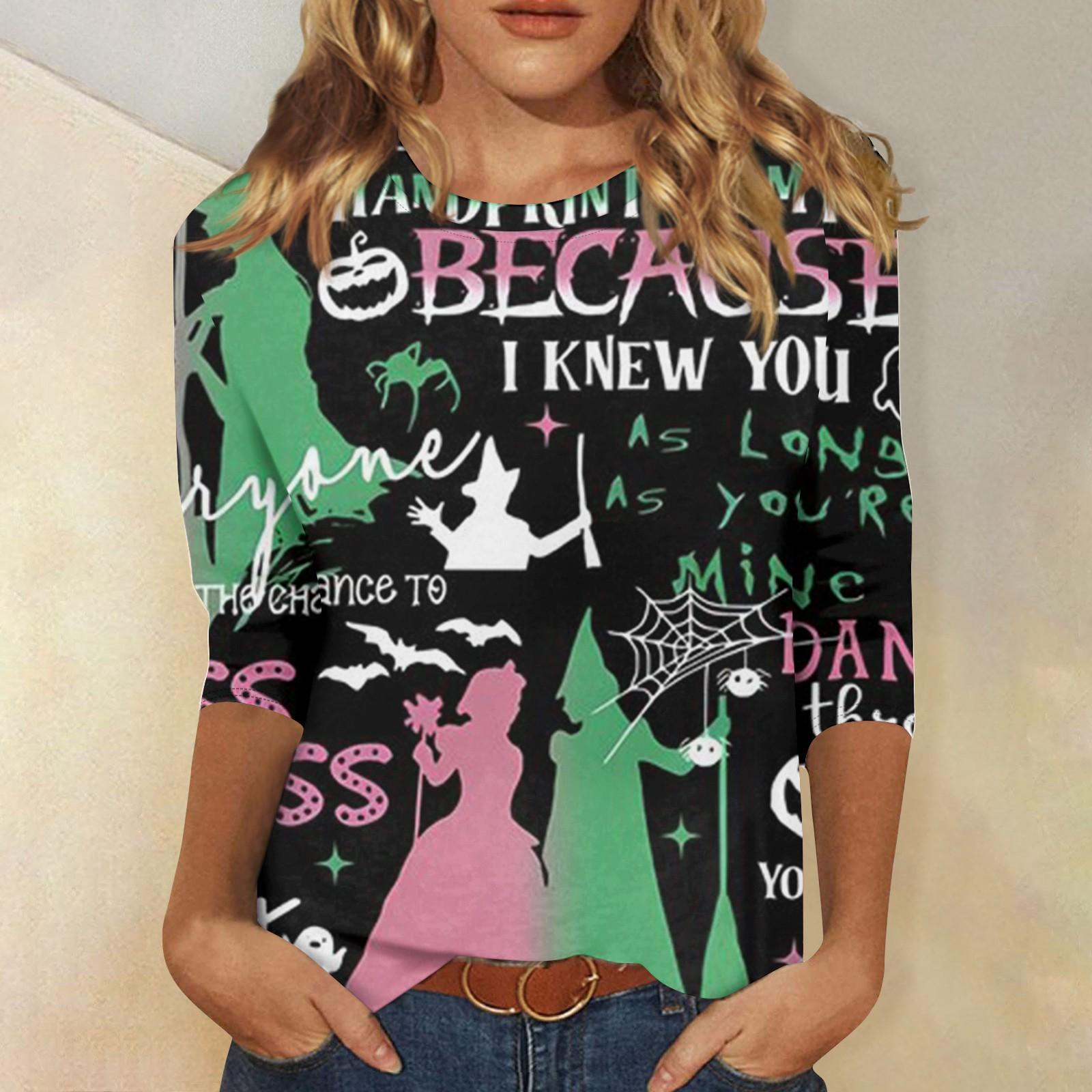 Женская модная повседневная футболка с круглым вырезом и принтом «Bad Witch» с семью рукавами L армия зеленый